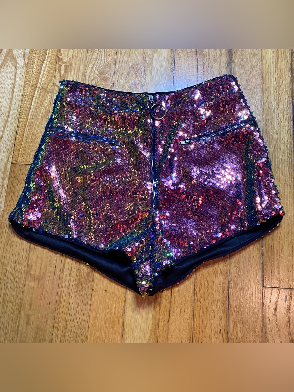 Wild Honey Metallic Sequin Front Zip Micro Shorts | High Rise | Size Small